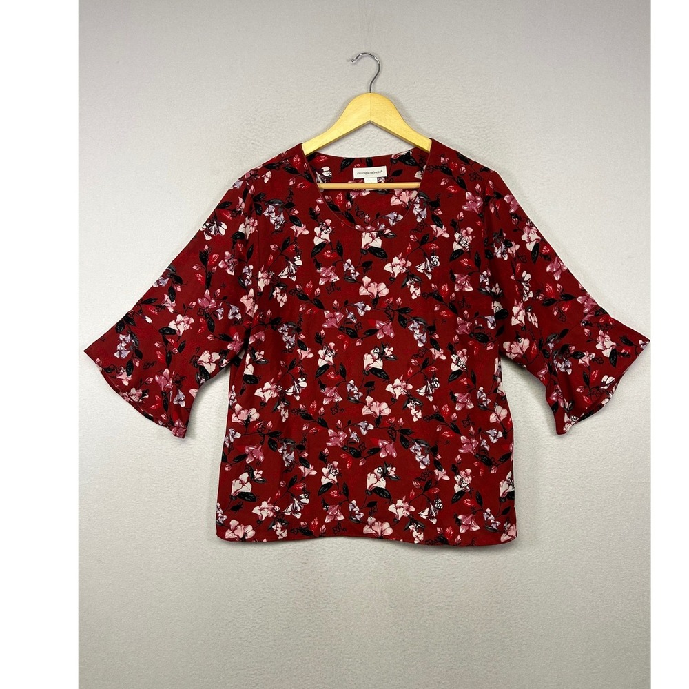 Cottagecore Christopher & Banks Women Large Red Floral 3/4 Bell Sleeve Blouse